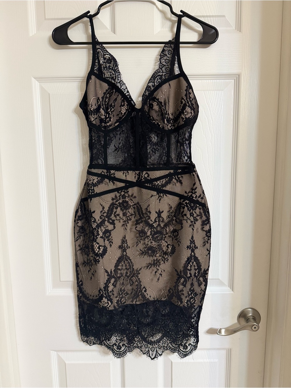 Fashion Nova Black Lace Overlay Slip Dress with Nude Underlay